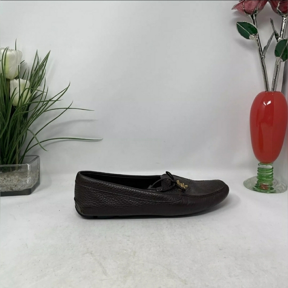 Prada Designer Italy Brown Leather Bow Slip Loafer Driving Flat Women US 7 EU 38 - Picture 5 of 9